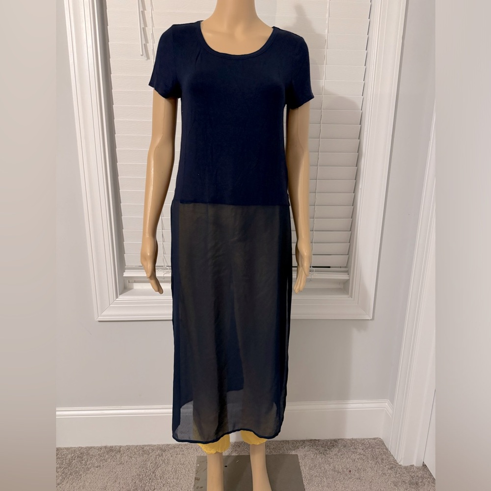 Cool Cha Cha Vente size S navy blue short sleeve semi sheer midi panel shirt